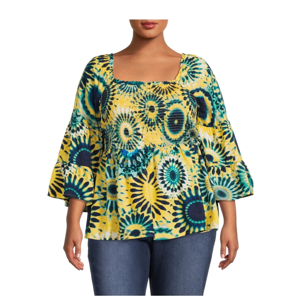 Terra and sky Bell sleeves smock neck 2X - Picture 1 of 8